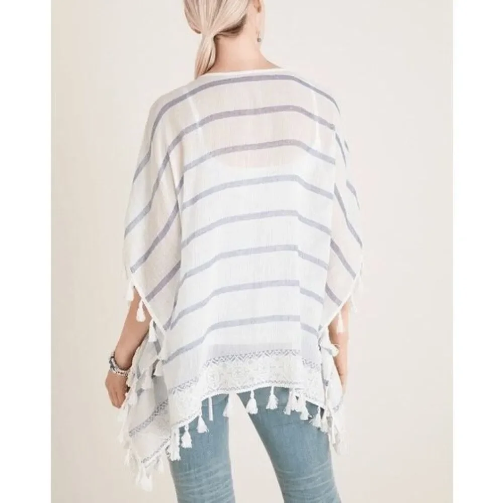 Chicos striped blue/white tassel trim poncho/kimono shirt/top cover up L/XL